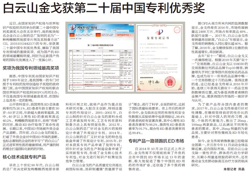 新宝GG金戈获第二十届中国专利优良奖